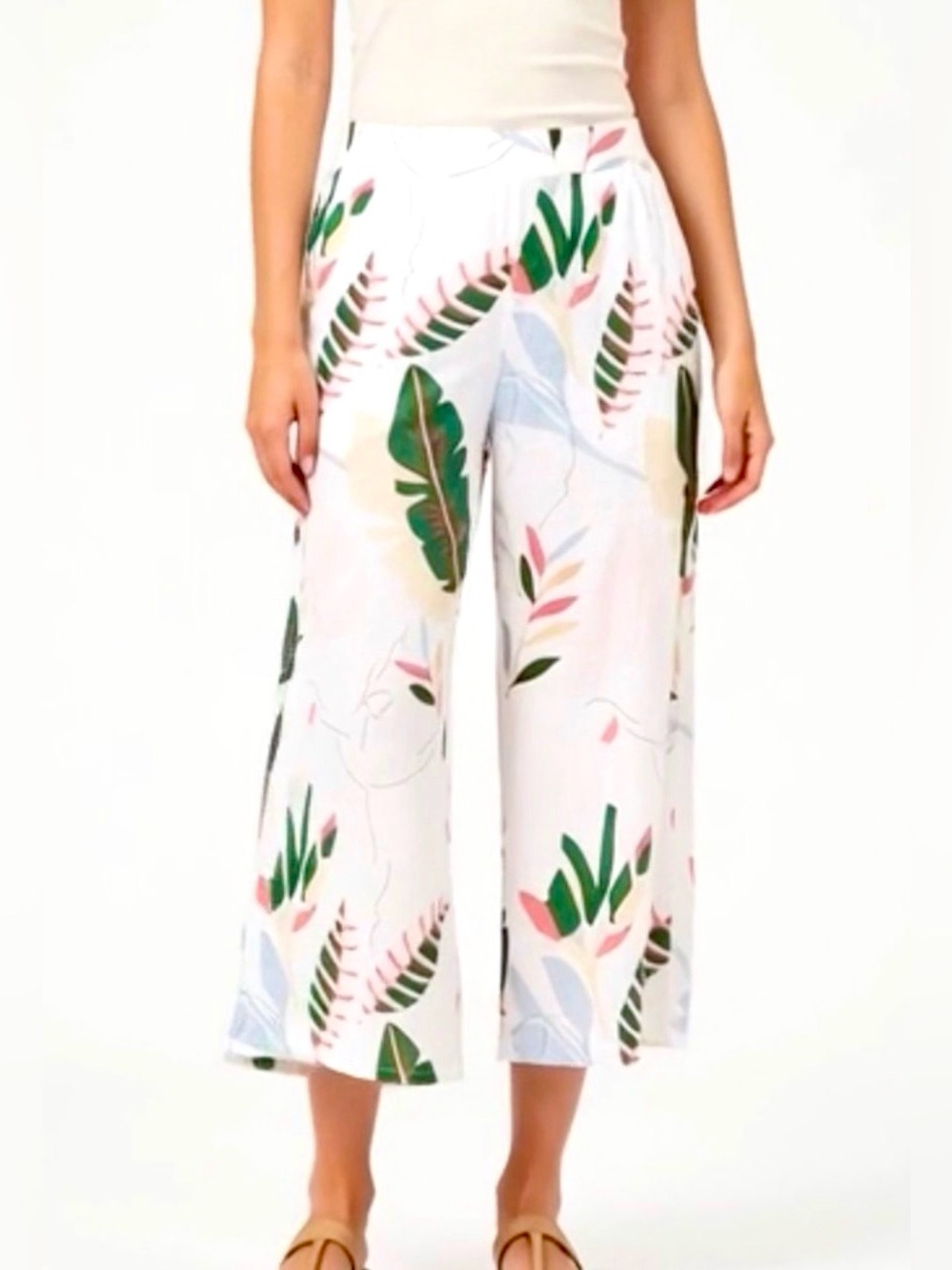 Cynthia Rowley 100% Linen Wide Leg Crop Pants Tropical Print Sz M Resort Boho